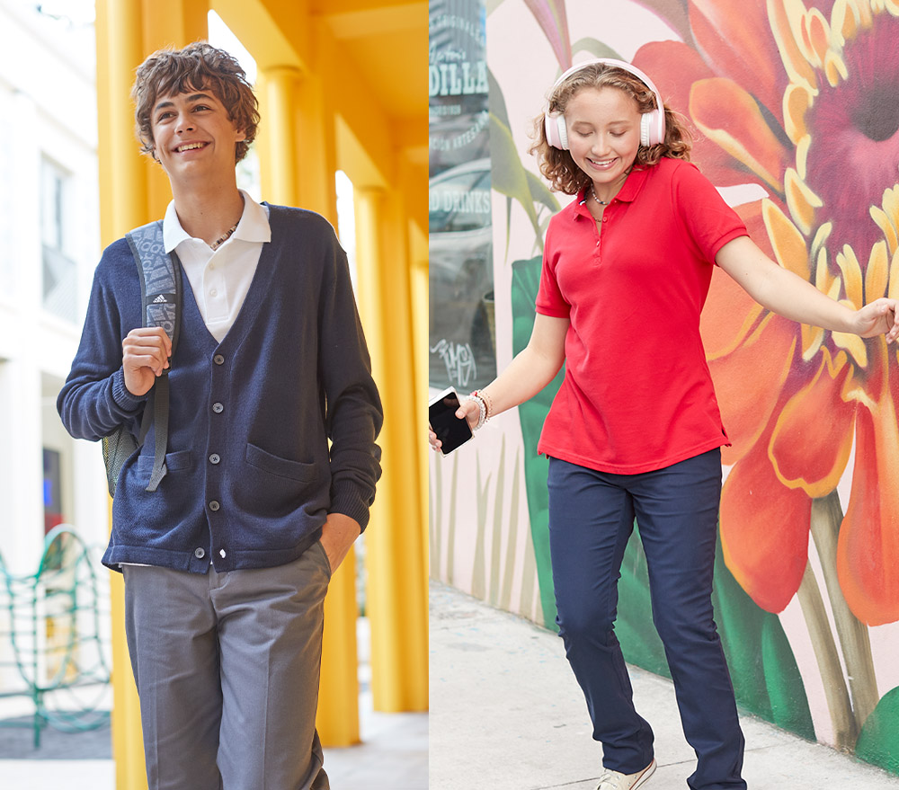 boy in school uniform and girl in casual outfit