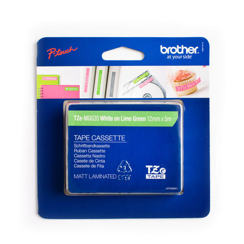 Brother Genuine TZEMQG35 White Print on Lime Green Tape for P-touch Label Makers, 12 mm wide x 4 m long