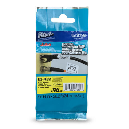 Brother Genuine Tze-FX651 Black on Yellow Flexible ID Laminated Tape for P-touch Label Makers, 24 mm wide x 8 m long