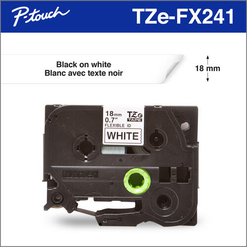 Brother Genuine Tze-FX241 Black on White Flexible ID Laminated Tape for P-touch Label Makers, 18 mm wide x 8 m long
