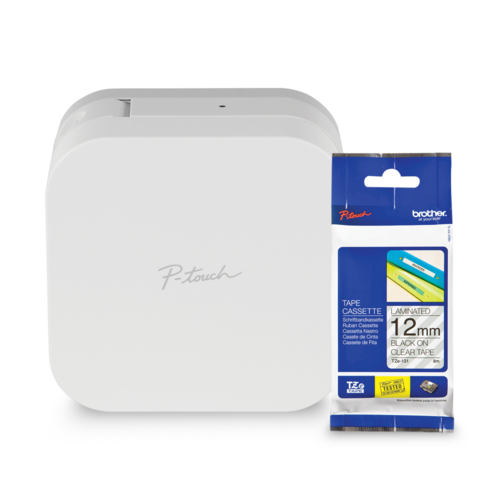 Ensemble Brother PT-P300BTAD Étiqueteuse P-touch CUBE avec ruban laminé Tze131 transparent avec texte noir