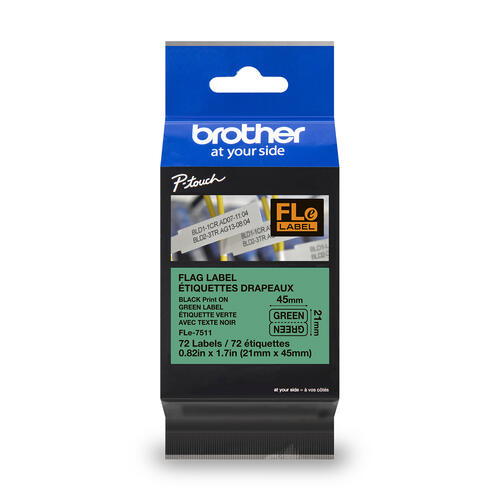 Brother FLe7511 Étiquettes en polyester prédécoupées authentiques vertes avec texte noir pour étiqueteuses P-touch, 21 mm x 45 mm