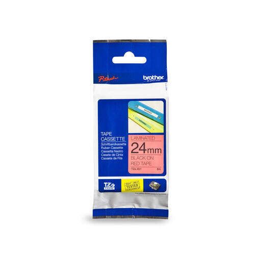 Brother TZe451 Ruban laminé rouge avec texte noir authentique pour étiqueteuses P-touch, 24 mm de largeur x 8 m de longueur