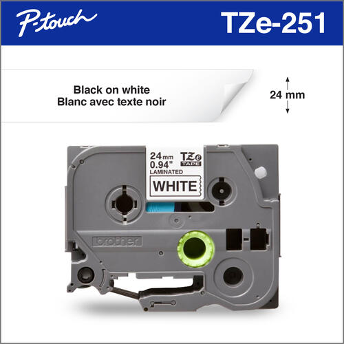Brother TZe251 Ruban laminé blanc avec texte noir authentique pour étiqueteuses P-touch, 24 mm de largeur x 8 m de longueur