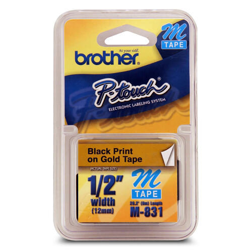 Brother M831 Ruban non laminé doré avec texte noir authentique pour étiqueteuses P-touch, 12 mm de largeur x 8 m de longueur
