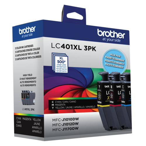 Brother authentiqueLC401XL3PKS Ensemble de 3 cartouches d encre de couleur à rendement standard