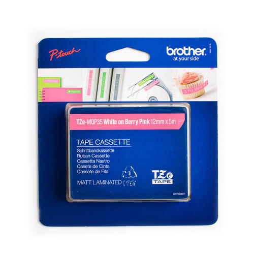 Brother TZEMQP35 Ruban rose baie avec texte blanc authentique pour étiqueteuses P-touch, 12 mm de largeur x 4 m de longueur