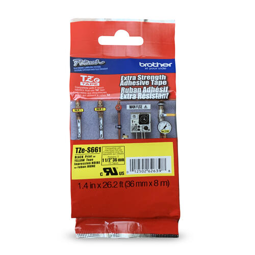 Brother TZe-S661 Ruban adhésif très résistant jaune avec texte noir authentique pour étiqueteuses P-touch, 36 mm de largeur x 8 m de longueur
