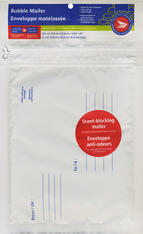 Front of white, bubble mailer 10-pack with &quot;To&quot; and &quot;From&quot; fields and a round, red, &quot;Scent-blocking mailer&quot; sticker.