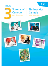 Front of pack. Depicts a collage of collection stamps and &quot;Stamps of Canada,&quot; &quot;July-September,&quot; &quot;2020&quot;