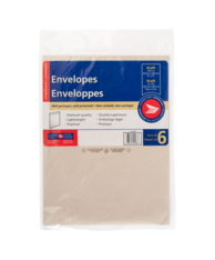 6-pack kraft envelopes in clear overwrap. Canada Post label has product title, dimensions and an envelope illustration.