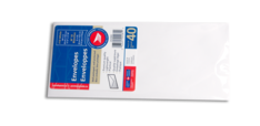 Pack of 40 white #10 envelopes. Canada Post label features product title, dimensions and an illustration of a mailing envelope. 