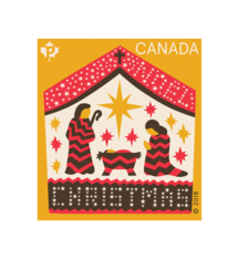 &quot;Away in a Manger&quot; stamp. Depicts illustration of Baby Jesus and the Christmas star. Stars spell Christmas and Noël.