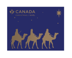 &quot;The Magi&quot; stamp. Depicts an elegant, blue and gold, illustration of the Magi, three camels, and the Star of Bethlehem.