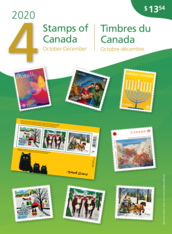 Front of pack. Depicts a collage of collection stamps and &quot;Stamps of Canada,&quot; &quot;October-December,&quot; &quot;2020&quot;