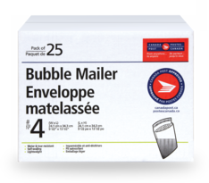 Paquet de 25 enveloppes no 4 matelassées avec dimensions, 2 logos de Postes Canada et image d’enveloppe matelassée ouverte