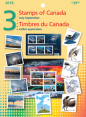 Front of pack. Depicts a collage of collection stamps and &quot;Stamps of Canada,&quot; &quot;July-September,&quot; &quot;2018&quot;