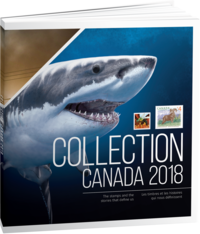 A hardcover book. Depicts the front of a swimming shark, a collage of two stamps, and &quot;Collection Canada 2018&quot; text.