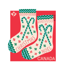 &quot;Warm and Cozy&quot; stamp. Depicts a colourful illustration of two, snowflake and candy cane Christmas socks.