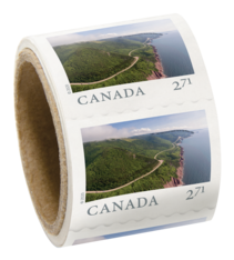 Roll of stamps. Each has a road and forested cliff by the sea at Cape Breton Island’s Cabot Trail, and &quot;Canada $2.71&quot; text. 