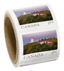 Roll of stamps. Each has New Brunswick&#39;s historic Swallowtail Lighthouse on a lush peninsula, and &quot;Canada $1.94&quot; text. 