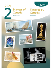 Front of pack. Depicts a collage of collection stamps and &quot;Stamps of Canada,&quot; &quot;April-June,&quot; &quot;2021&quot;