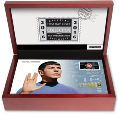 An open, mahogany-toned presentation box displays a Star Trek &quot;Spok&quot; cover with &quot;Official First Day Cover Collection&quot; 