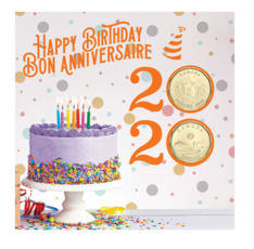 Colourful, festive, cake-themed package with &quot;happy birthday&quot; and &quot;2020&quot; text. Gold-coloured $1 coins occupy each 0.