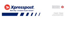 White, red and blue Canada Post envelope with &quot;XpresspostTM next day,&quot; &quot;Regional&quot; and &quot;Prepaid&quot; text.