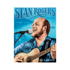 Stamp featuring Stan Rogers playing guitar and singing, set against a blue Nova Scotian coastline with “Stan Rogers” and “1949-1983” text.