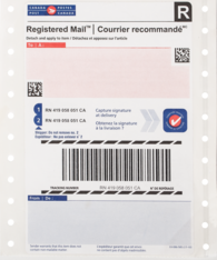 Registered Mail bar-code label – domestic commercial