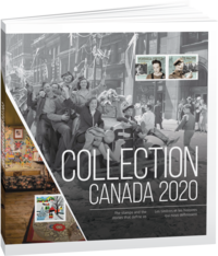 A hardcover book with &quot;Collection&quot; and &quot;Canada 2020&quot; text, stamps of Veronica Foster and Léo Major