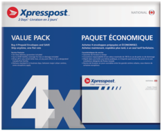 Paquet économique de 4 enveloppes XpresspostMC prépayées pour expédition nationale en 2 jours présentant le texte « 4x ».