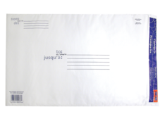 White, cushioned, #5 shipping envelope with &quot;To&quot; and &quot;From&quot; address fields, area for stamp, and blue self-sealing closure.