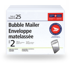 Paquet de 25 enveloppes no 2 matelassées avec dimensions, 2 logos de Postes Canada et image d’enveloppe matelassée ouverte