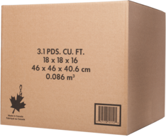 Brown, corrugated box with dimensions, logo of maple leaf, barcode, and&quot;3.1 PDS. CU. FT&quot; and &quot;Made in Canada&quot; text. 