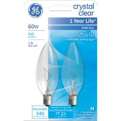 GE 60 W B10 Decorative Incandescent Bulb E12 (Candelabra) Soft White 2 pk