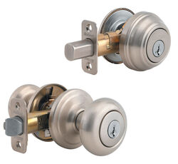 Kwikset SmartKey Juno Satin Nickel Knob and Single Cylinder Deadbolt ANSI/BHMA Grade 2 KW1 1-3/4 in.