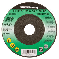Forney 4-1/2 in. D X 1/4 in. thick T X 7/8 in. S Masonry Grinding Wheel 1 pc