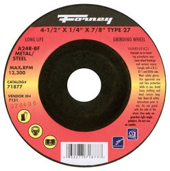 Forney 4-1/2 in. D X 1/4 in. thick T X 7/8 in. S Metal Grinding Wheel 1 pc