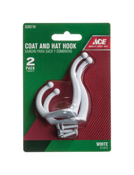 Ace 3 in. L White White Metal Small Coat and Hat Hook 2 pk