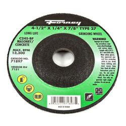 Forney 4-1/2 in. D X 1/4 in. thick T X 7/8 in. S Masonry Grinding Wheel 1 pc