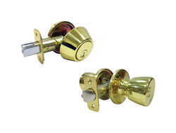 Faultless Tulip Polished Brass Metal Entry Knob and Single Cylinder Deadbolt 3 Grade Right Handed
