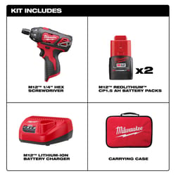 Milwaukee M12 1/4 Cordless Keyless Battery Operated Screwdriver Kit 1.5 amps 12 V 500 rpm