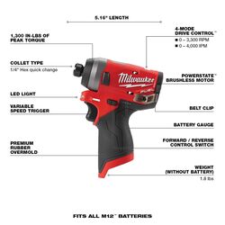 Milwaukee M12 FUEL 12 V 1/4 in. Cordless Brushless Impact Driver Tool Only