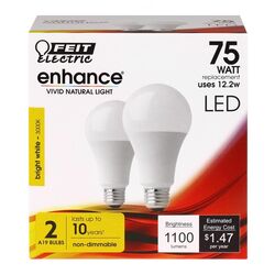 Feit Electric acre Enhance A19 E26 (Medium) LED Bulb Bright White 75 watt Watt Equivalence 2 pk