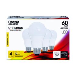 Feit Electric acre Enhance A19 E26 (Medium) LED Bulb Bright White 60 Watt Equivalence 4 pk