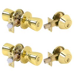 Tell Double Pack Bright Brass Deadbolt and Entry Door Knob ANSI Grade 3 1-3/4 in.