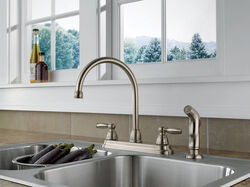 Peerless Claymore Apex Two Handle Stainless Steel Kitchen Faucet Side Sprayer Included