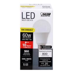 Feit Electric acre A19 E26 (Medium) LED Bulb Cool White 60 Watt Equivalence 1 pk